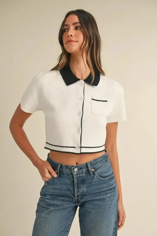 MABLE Button Down Contrast Collared Knit Cardigan - Love Salve